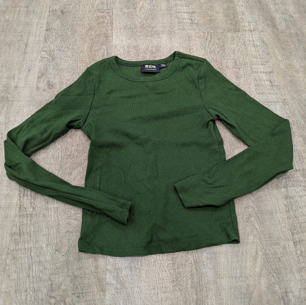 Maeve By Anthropologie Green Ribbed Fitted Top Size Small